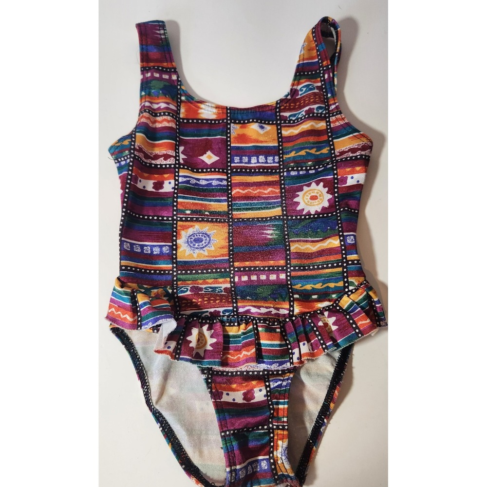 90s Girls Southwestern Print Ruffle One Piece Swimsuit Multicolor Sun Geometric